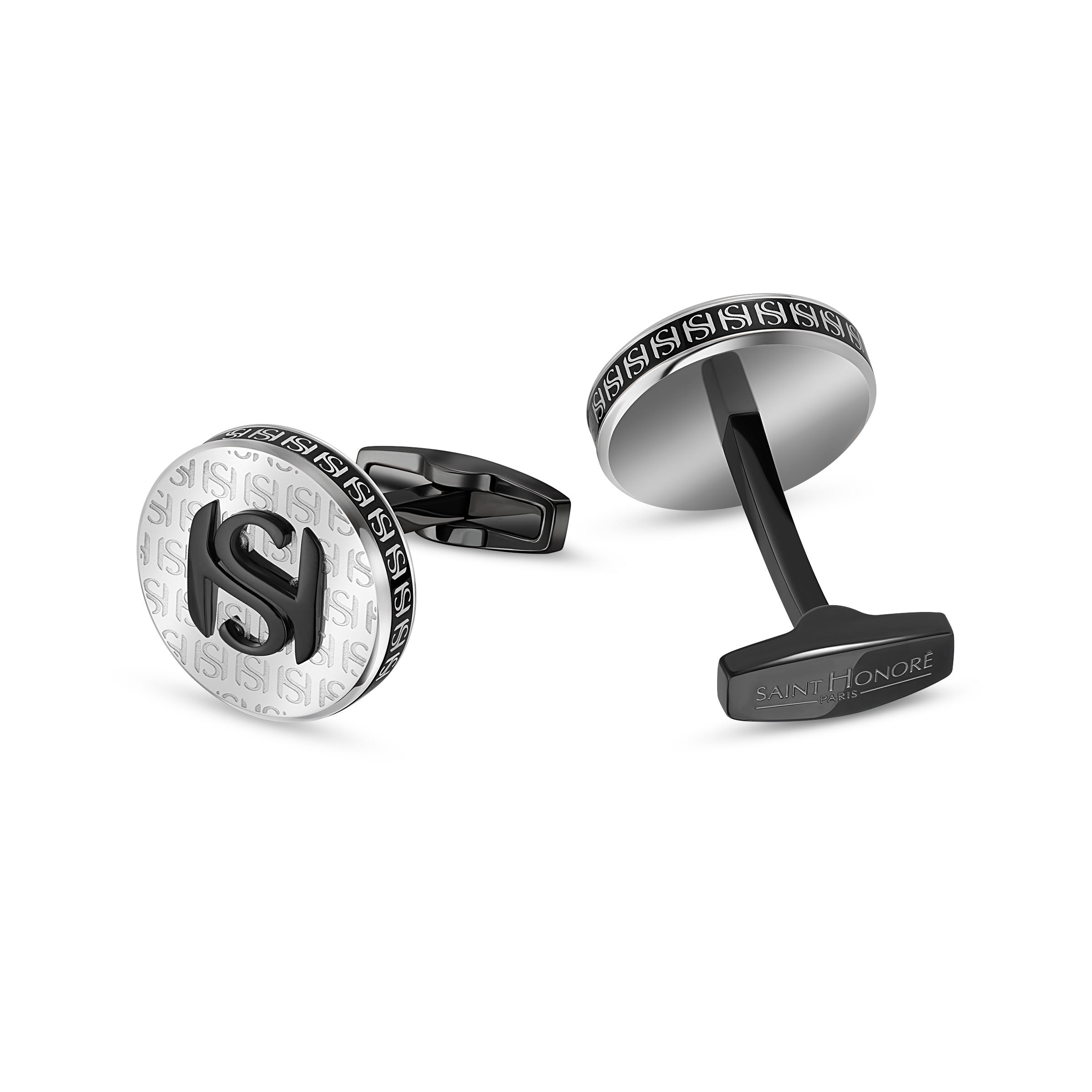 Round silver-toned and black cufflinks. Front: black interlocking SH logo on S-patterned face, black S-patterned edge. Black