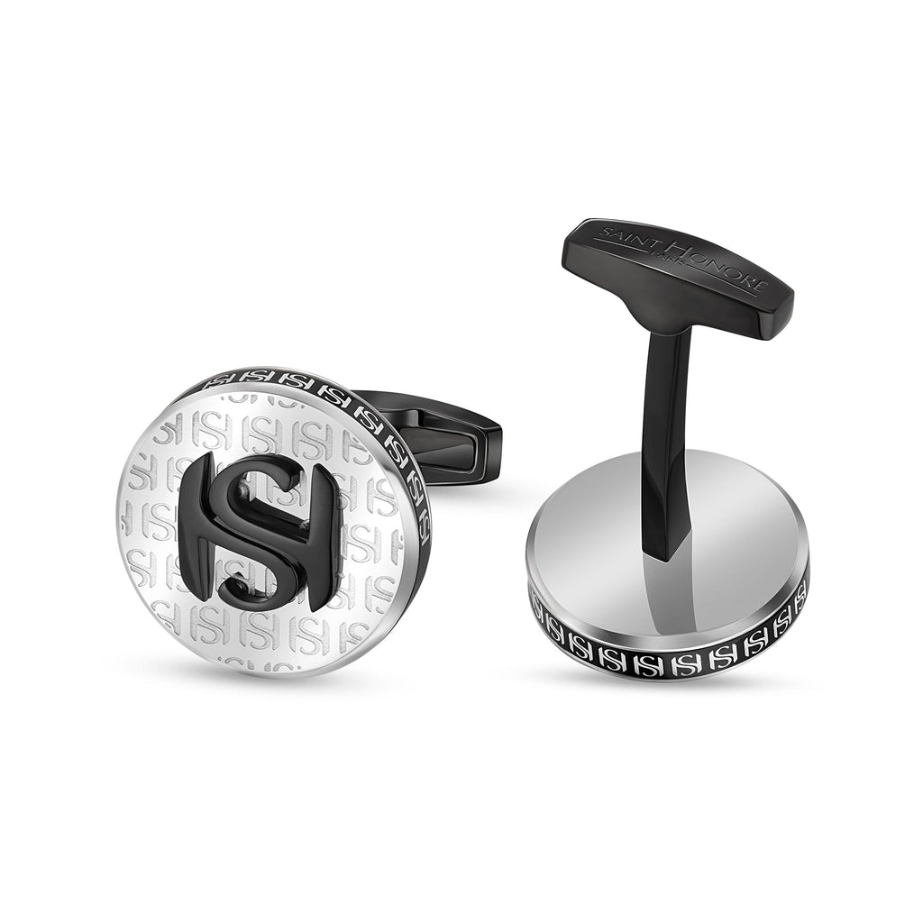 Silver-finished cufflinks with black 'S' pattern. One has a black 'S' logo on face. Toggles, one engraved 'SAINT HONORE'.