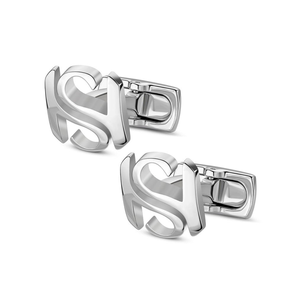 Pair of polished silver-toned cufflinks, each featuring an intertwined "SH" initial logo and a swivel bar fastening.