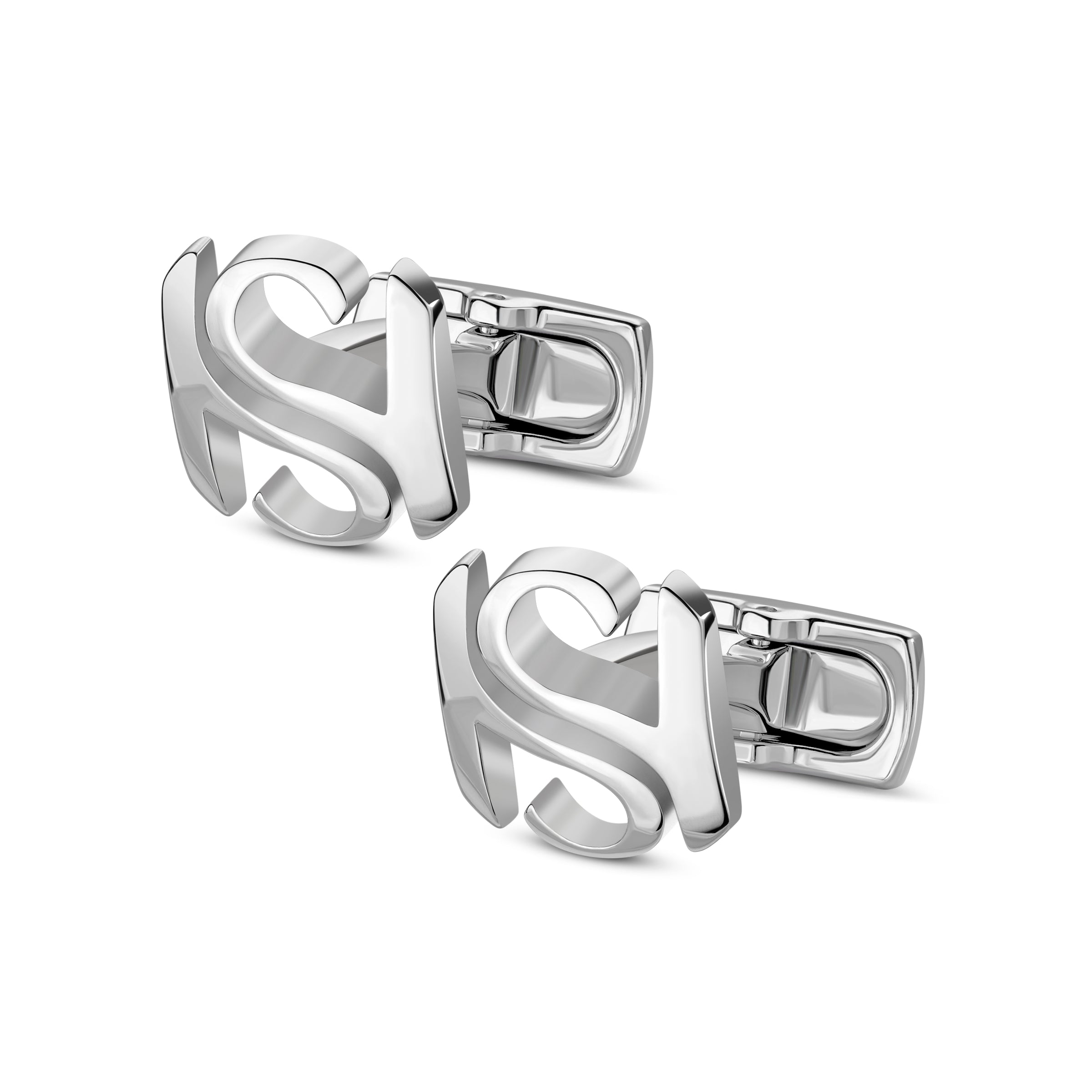 Pair of polished silver-toned cufflinks, each featuring an intertwined "SH" initial logo and a swivel bar fastening.