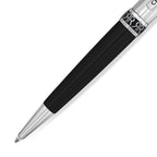 Black pen with a silver-toned conical tip and a silver-toned band featuring a repeating 'AR' pattern. A 'CR' detail is visibl