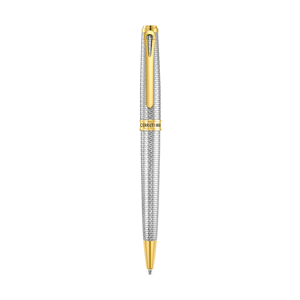 Silver-toned metal ballpoint pen with a textured barrel and cap, featuring gold-toned accents and an engraved Cerruti 1881 ba
