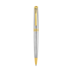 Silver-toned metal ballpoint pen with a textured barrel and cap, featuring gold-toned accents and an engraved Cerruti 1881 ba