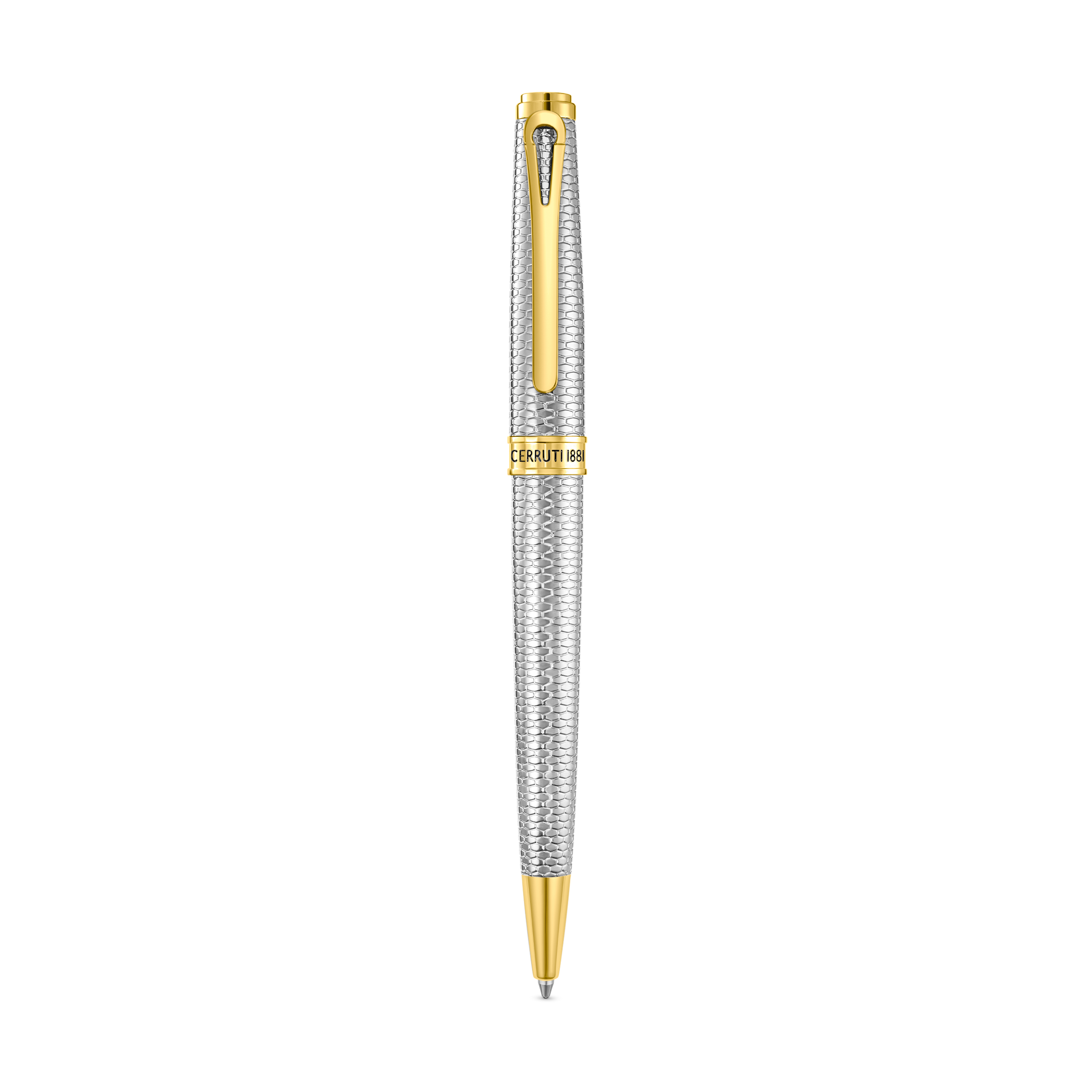 Silver-toned metal ballpoint pen with a textured barrel and cap, featuring gold-toned accents and an engraved Cerruti 1881 ba