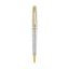 Silver-toned metal ballpoint pen with a textured barrel and cap, featuring gold-toned accents and an engraved Cerruti 1881 ba