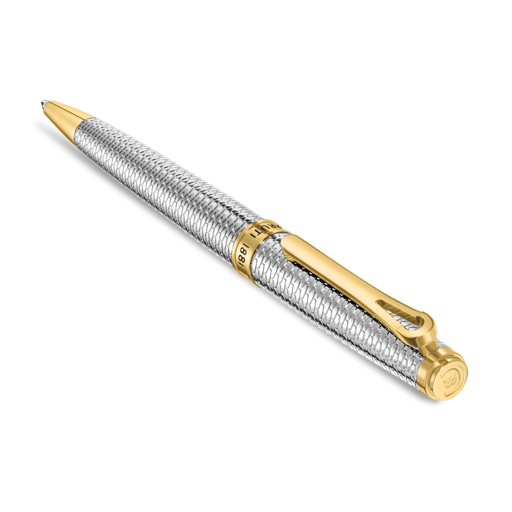 Silver-toned pen with a woven texture, gold-toned tip, clip, and cap. Gold-toned band engraved 'CRUTI 1881'.