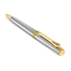 Silver-toned pen with a woven texture, gold-toned tip, clip, and cap. Gold-toned band engraved 'CRUTI 1881'.