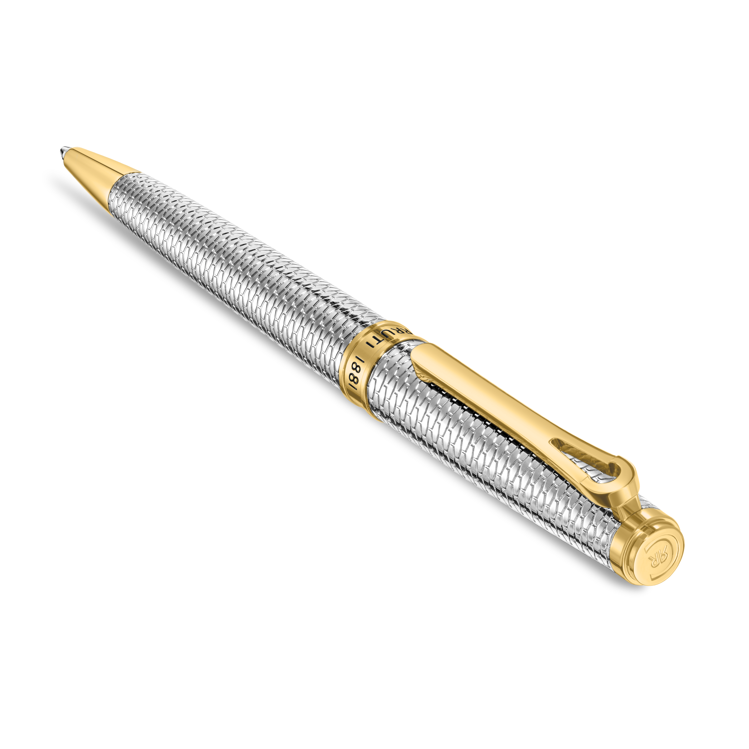 Silver-toned pen with a woven texture, gold-toned tip, clip, and cap. Gold-toned band engraved 'CRUTI 1881'.