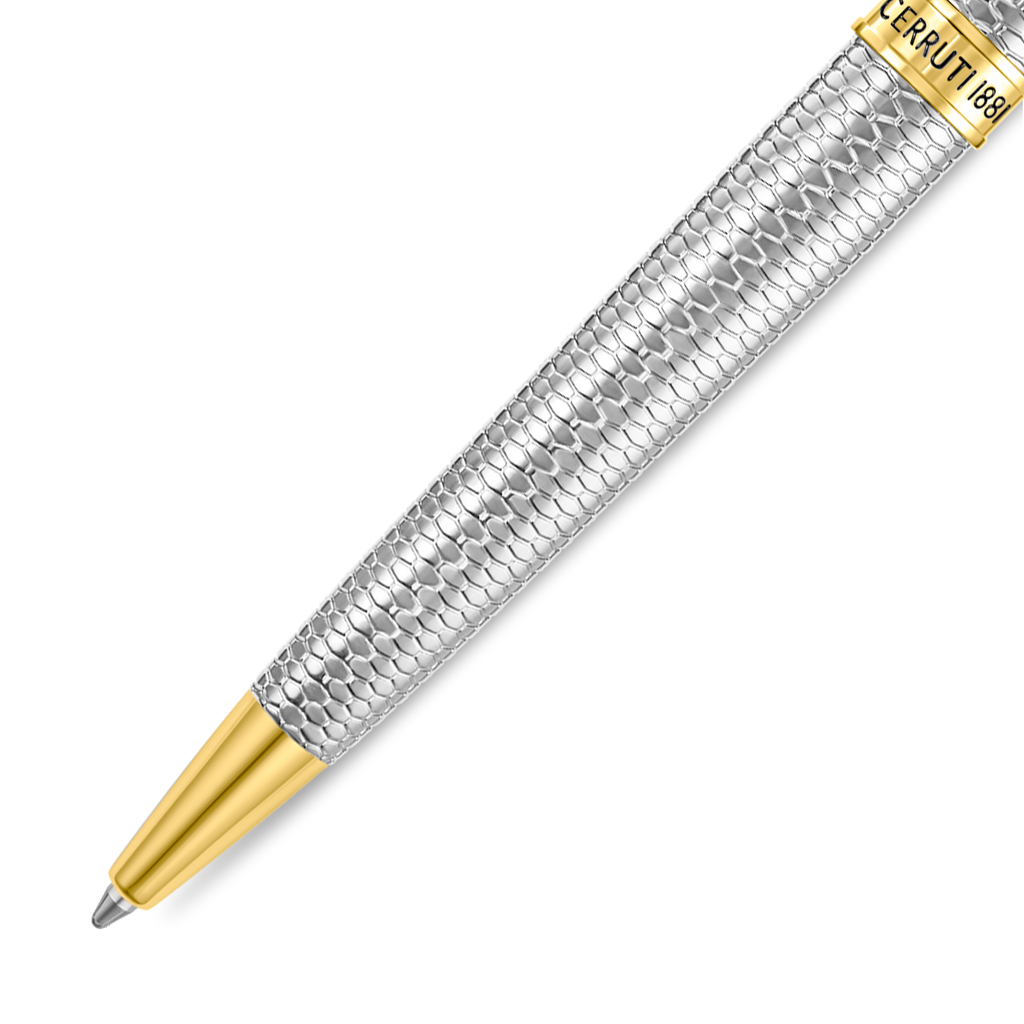 Silver-toned pen with a textured scale pattern, gold-toned tip, and a gold-toned band engraved with 'CERRUTI 1881'.