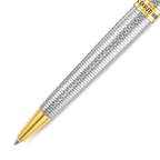 Silver-toned pen with a textured scale pattern, gold-toned tip, and a gold-toned band engraved with 'CERRUTI 1881'.