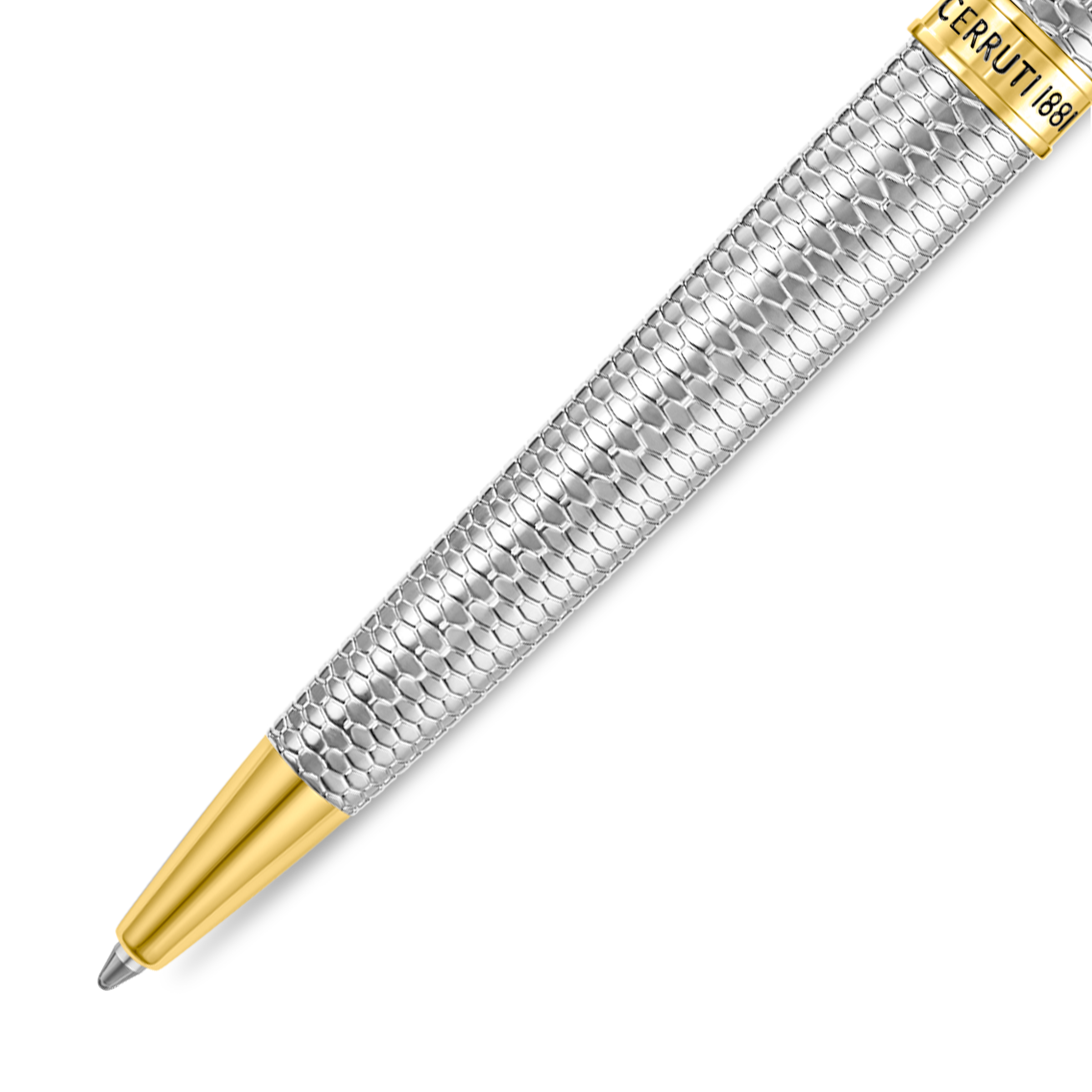 Silver-toned pen with a textured scale pattern, gold-toned tip, and a gold-toned band engraved with 'CERRUTI 1881'.