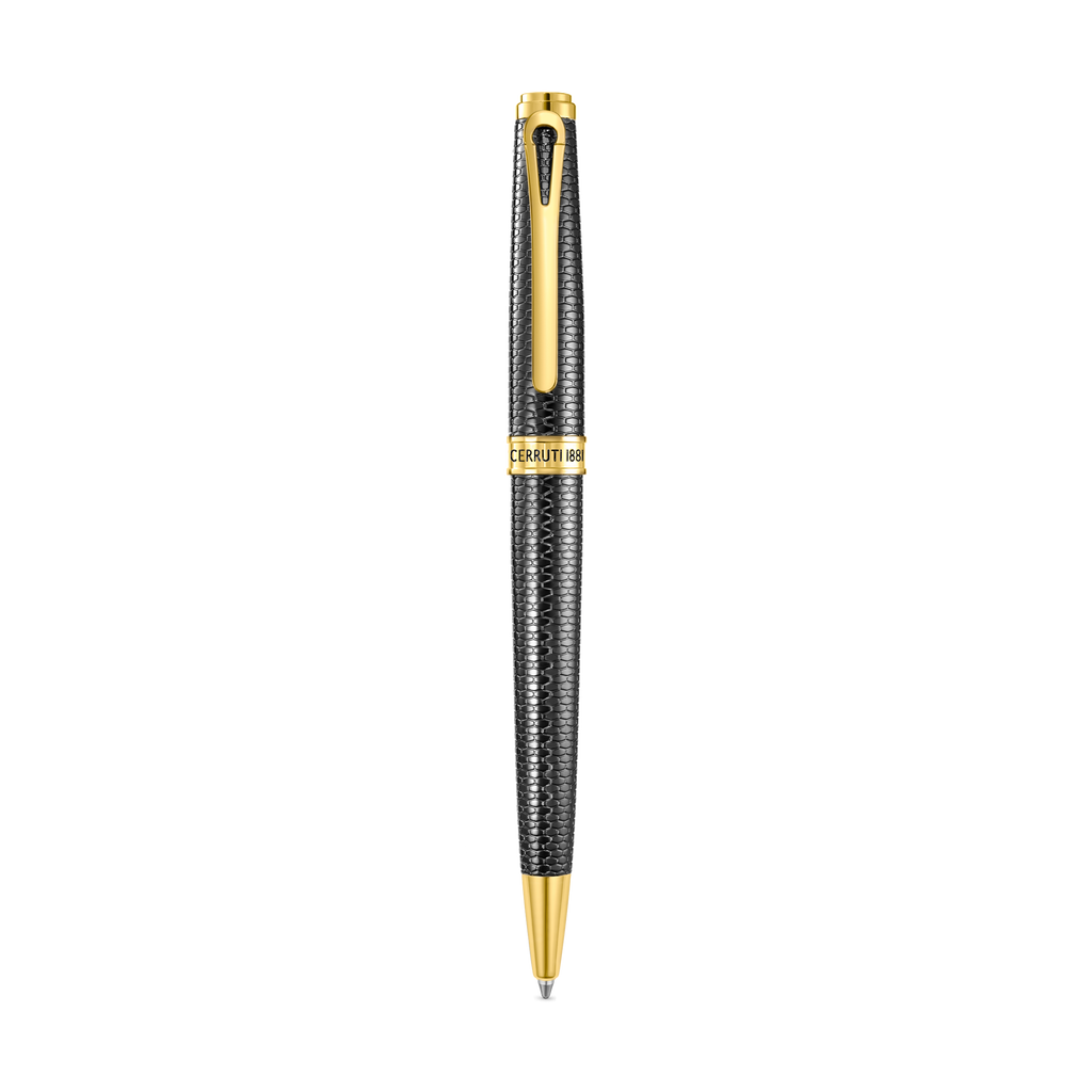 Black textured pen with a repeating geometric pattern, gold-toned clip, central band, and tip, featuring "CERRUTI 1881" engra