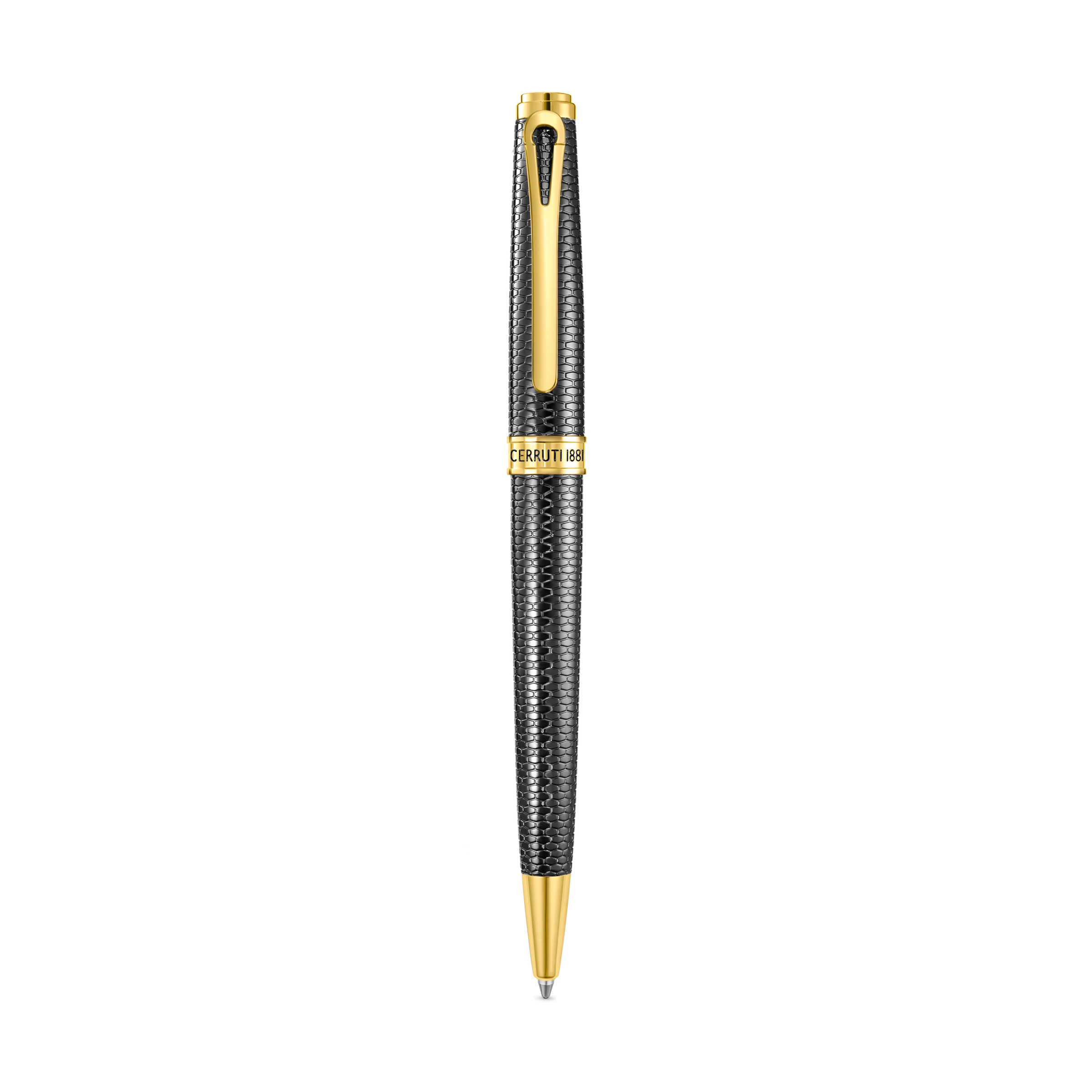 Black textured pen with a repeating geometric pattern, gold-toned clip, central band, and tip, featuring "CERRUTI 1881" engra