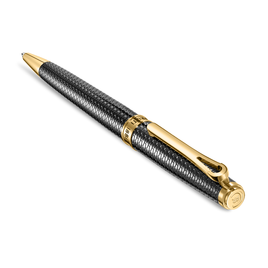 Black textured pen with gold-toned tip, clip, and cap featuring 'CRUTTI 1881' band and 'CR' logo.