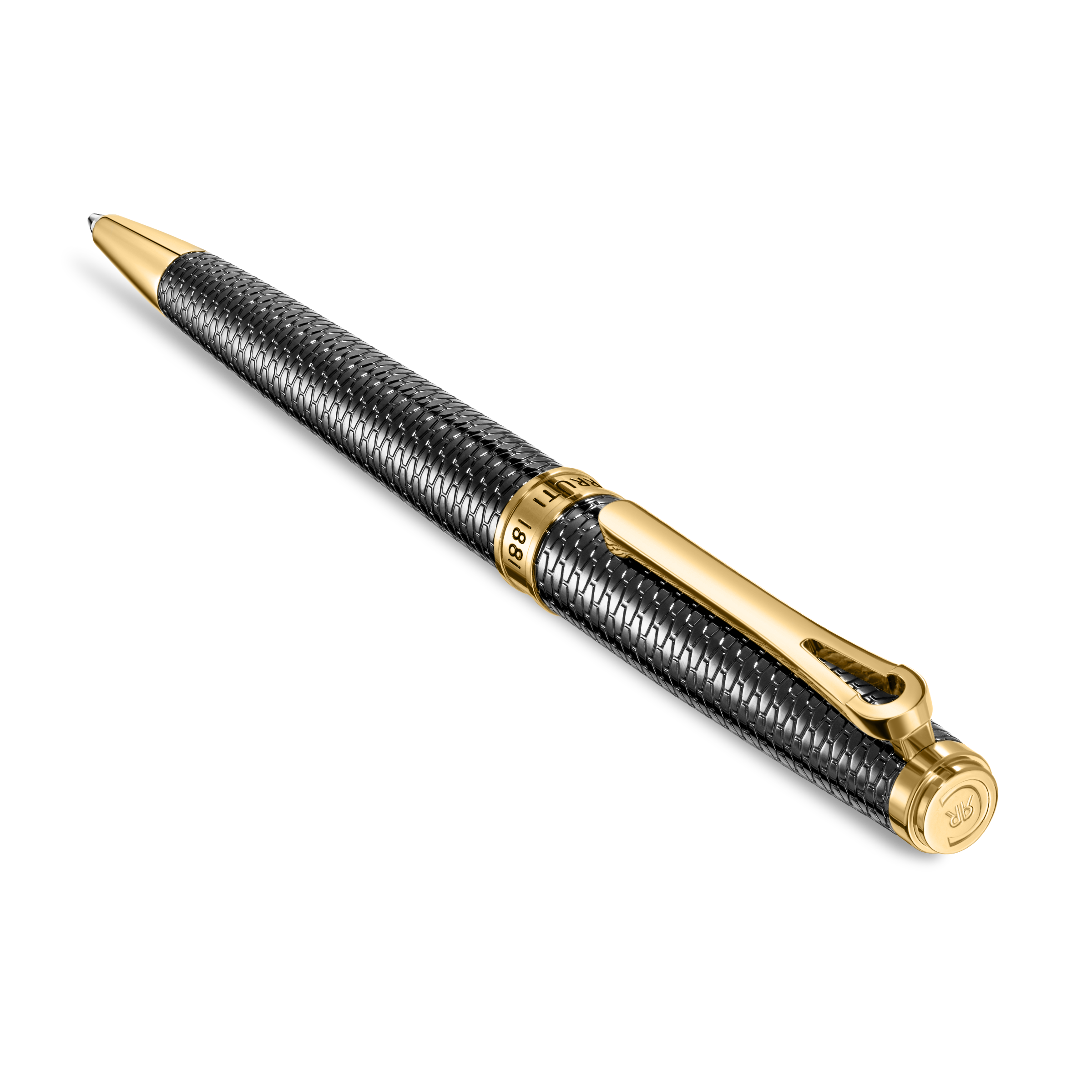 Black textured pen with gold-toned tip, clip, and cap featuring 'CRUTTI 1881' band and 'CR' logo.