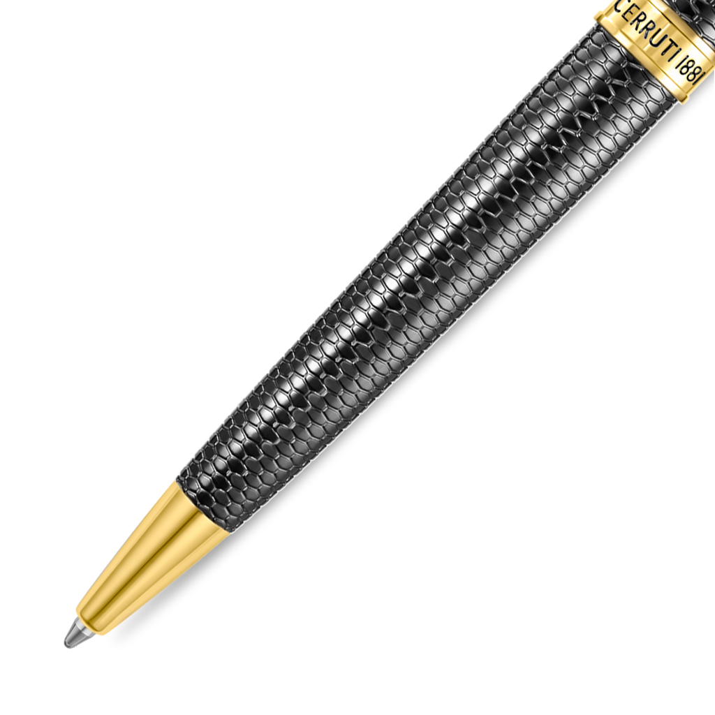 Black pen with textured scale pattern, gold-toned tip, and gold-toned 'CERRUTI 1881' engraved band.
