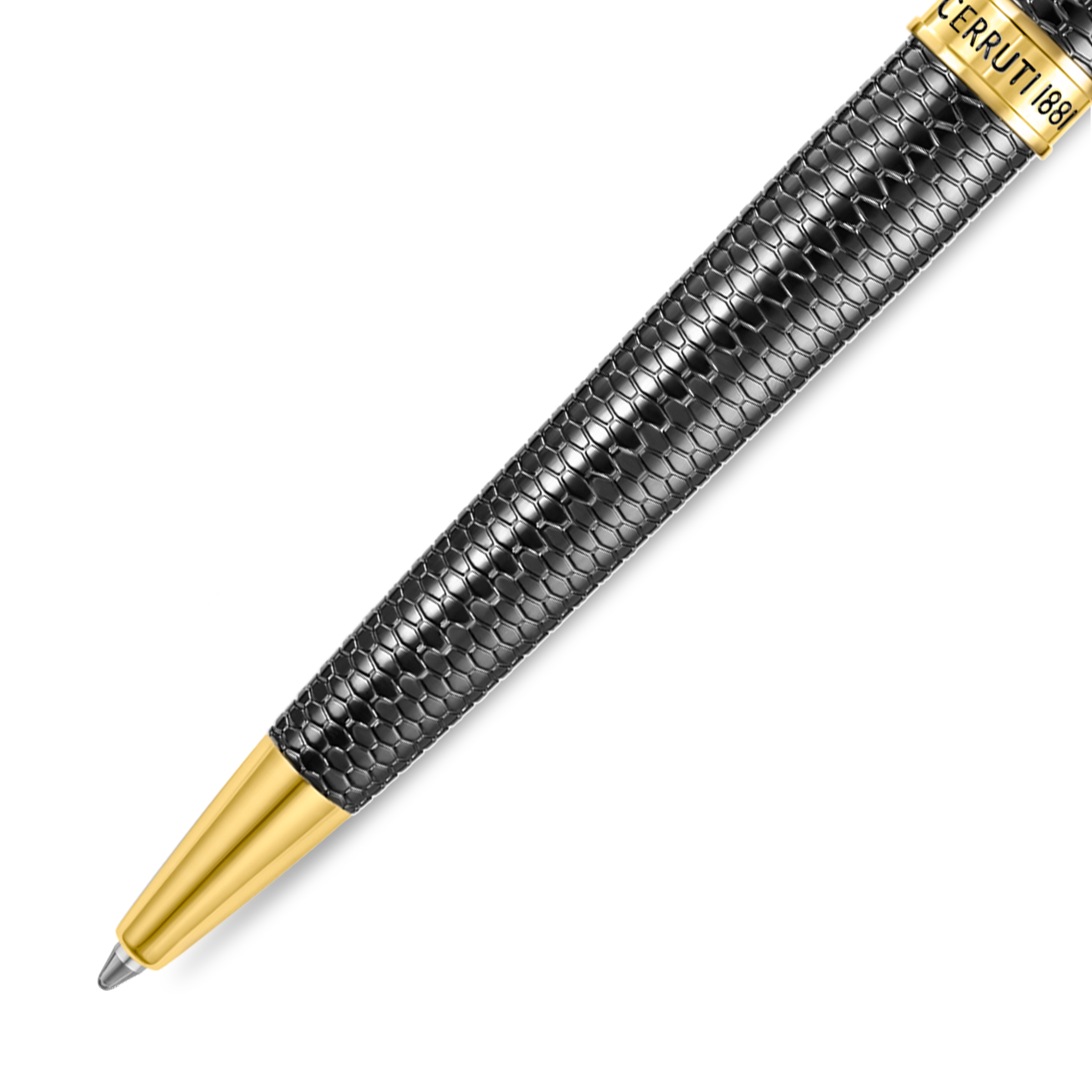 Black pen with textured scale pattern, gold-toned tip, and gold-toned 'CERRUTI 1881' engraved band.