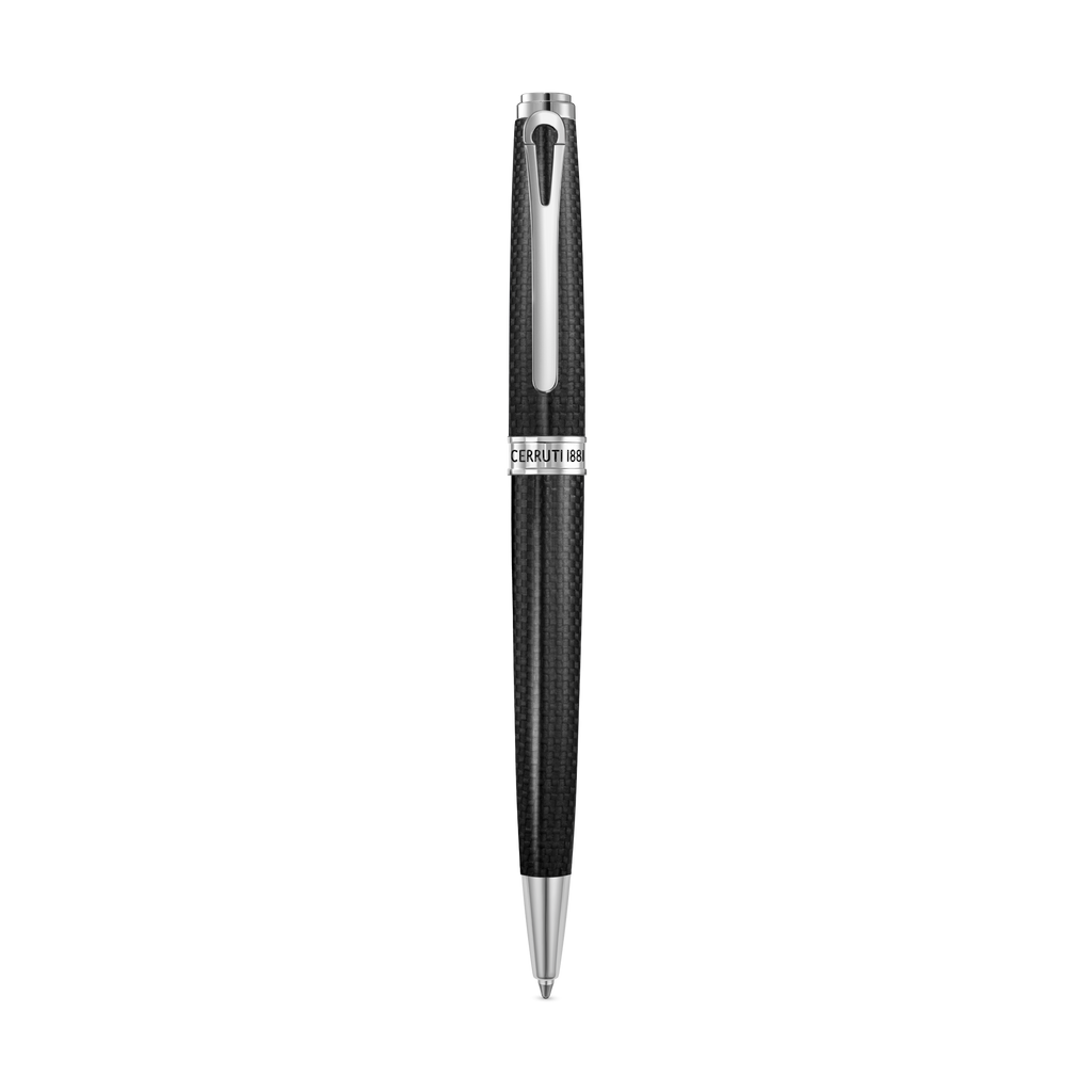 Black carbon fibre ballpoint pen with a silver-toned clip, tip, and a central band featuring the Cerruti 1881 logo.