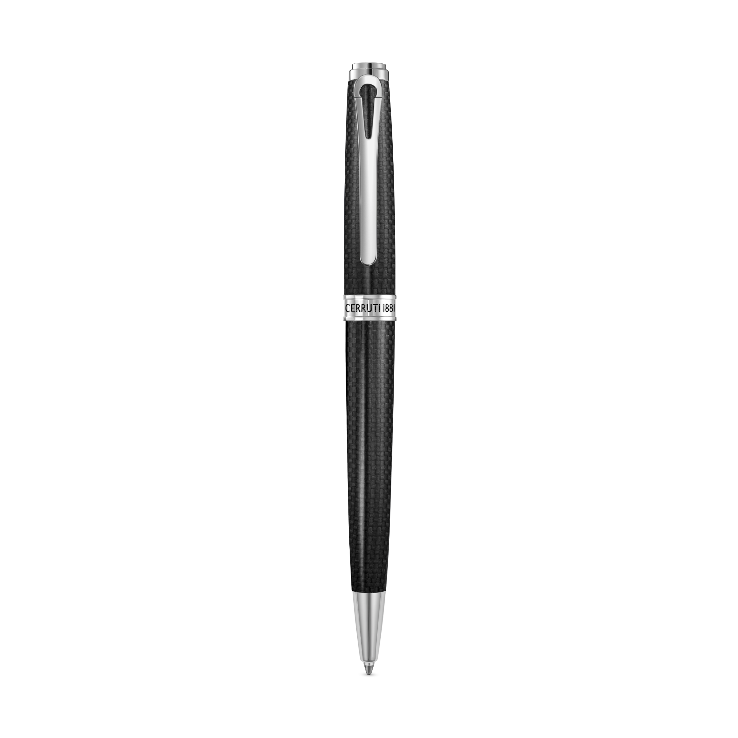 Black carbon fibre ballpoint pen with a silver-toned clip, tip, and a central band featuring the Cerruti 1881 logo.