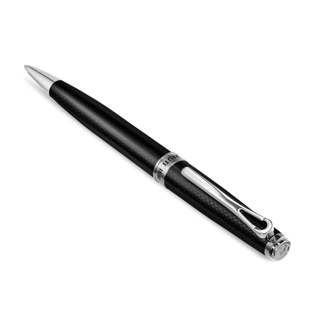 Black carbon fiber ballpoint pen with silver-toned tip, clip, and cap end. A silver-toned band is engraved with 'CERRUTI 1881