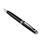 Black carbon fiber ballpoint pen with silver-toned tip, clip, and cap end. A silver-toned band is engraved with 'CERRUTI 1881