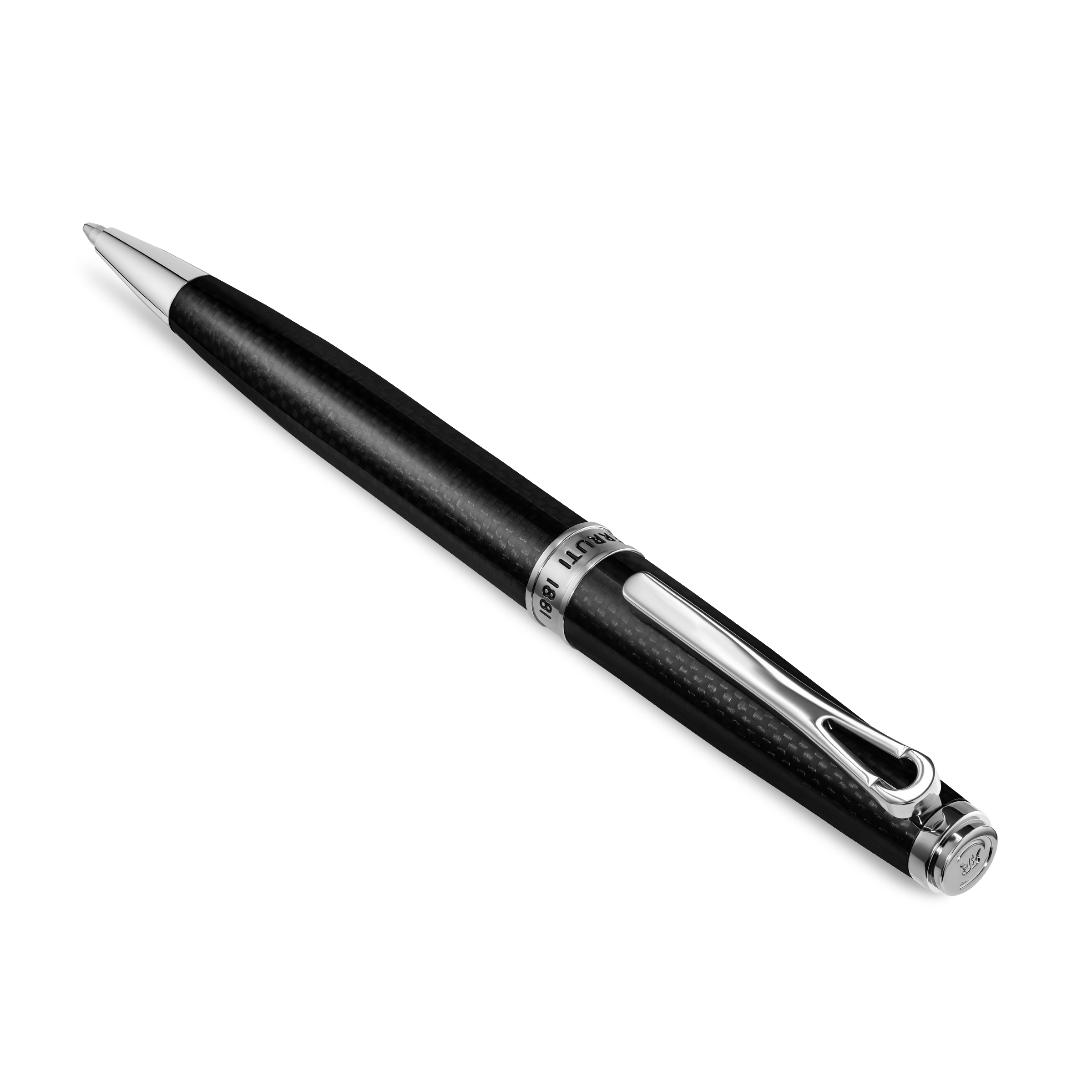 Black carbon fiber ballpoint pen with silver-toned tip, clip, and cap end. A silver-toned band is engraved with 'CERRUTI 1881