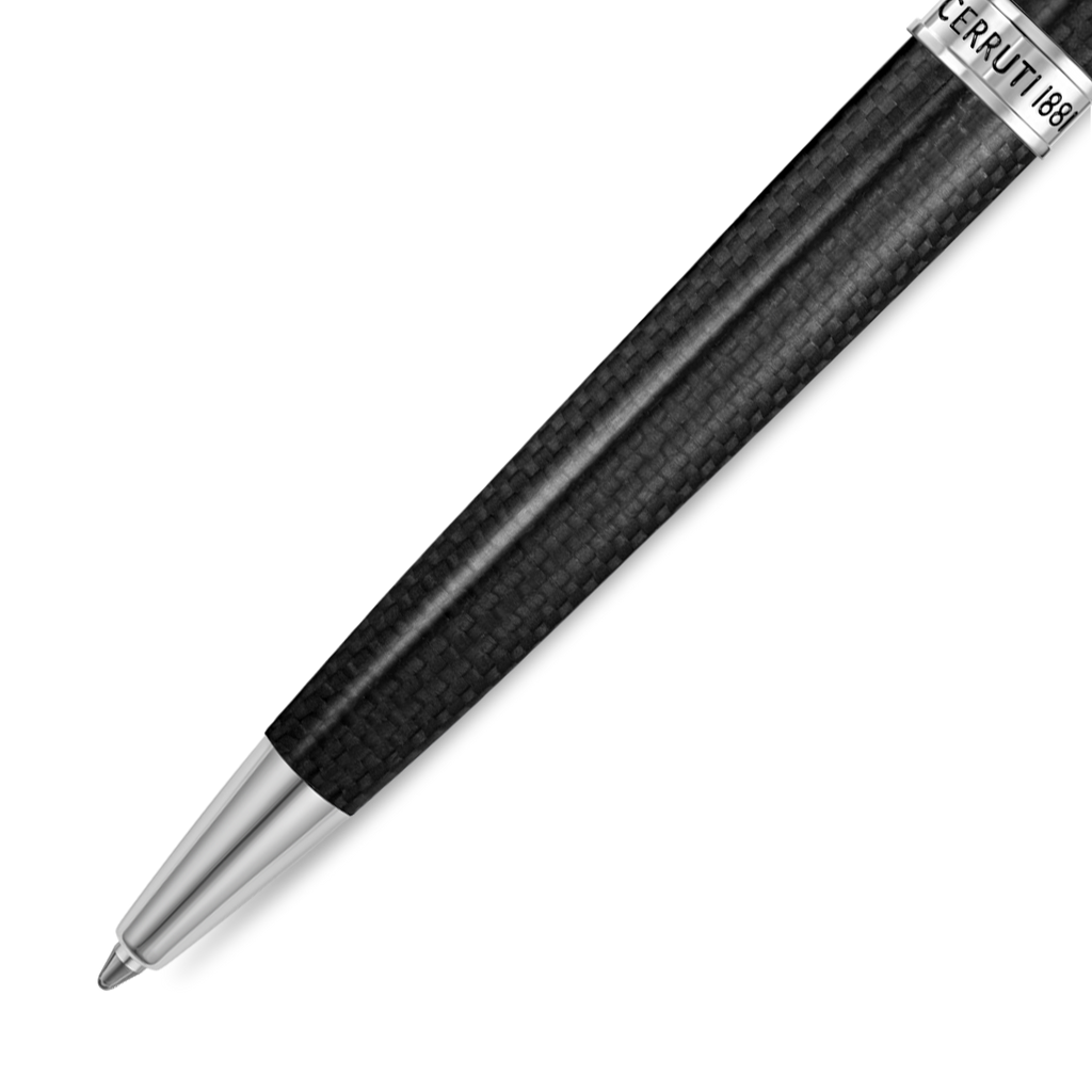 Black carbon fiber pen with a silver-toned writing tip and a silver-toned band engraved with 'CERRUTI 1881'.