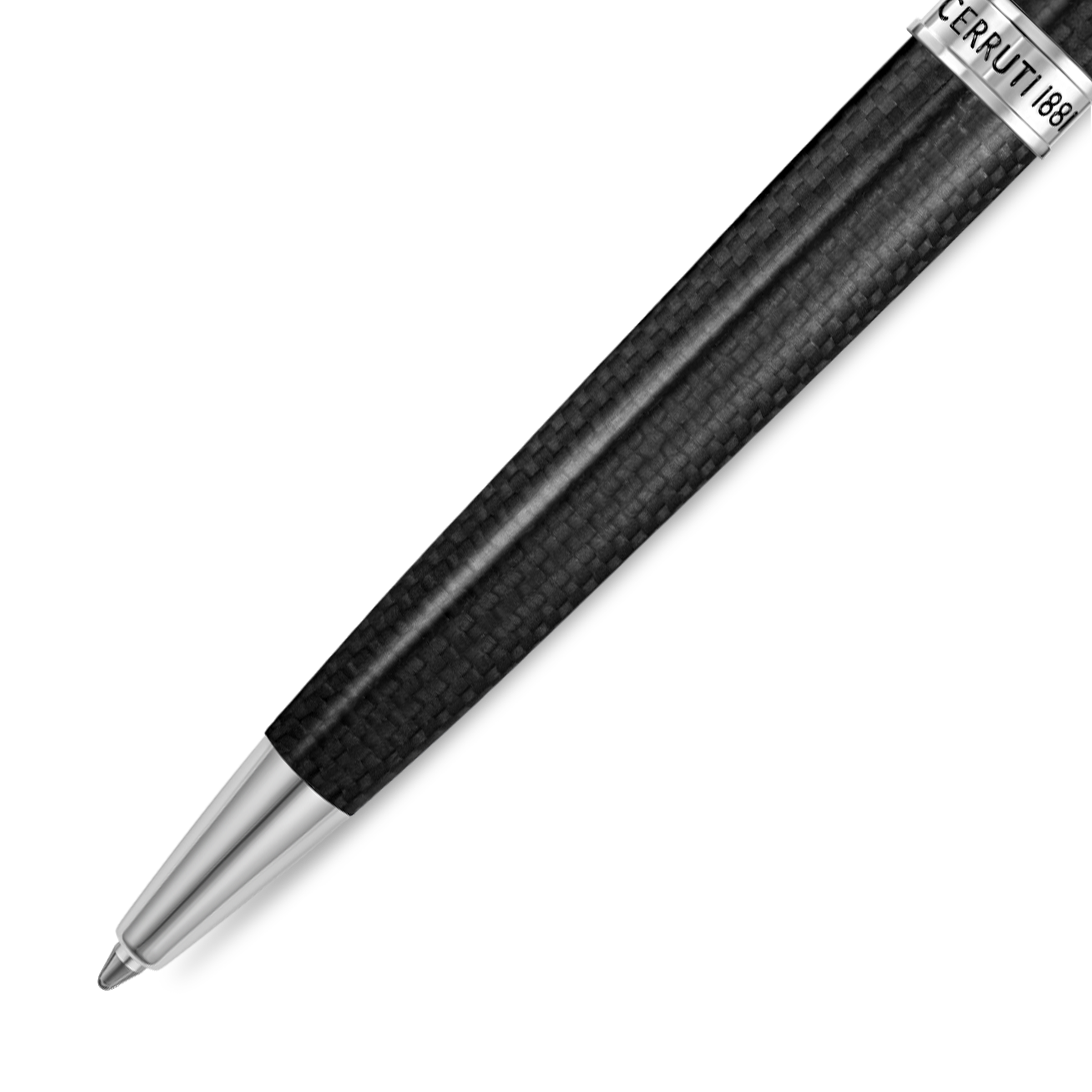 Black carbon fiber pen with a silver-toned writing tip and a silver-toned band engraved with 'CERRUTI 1881'.