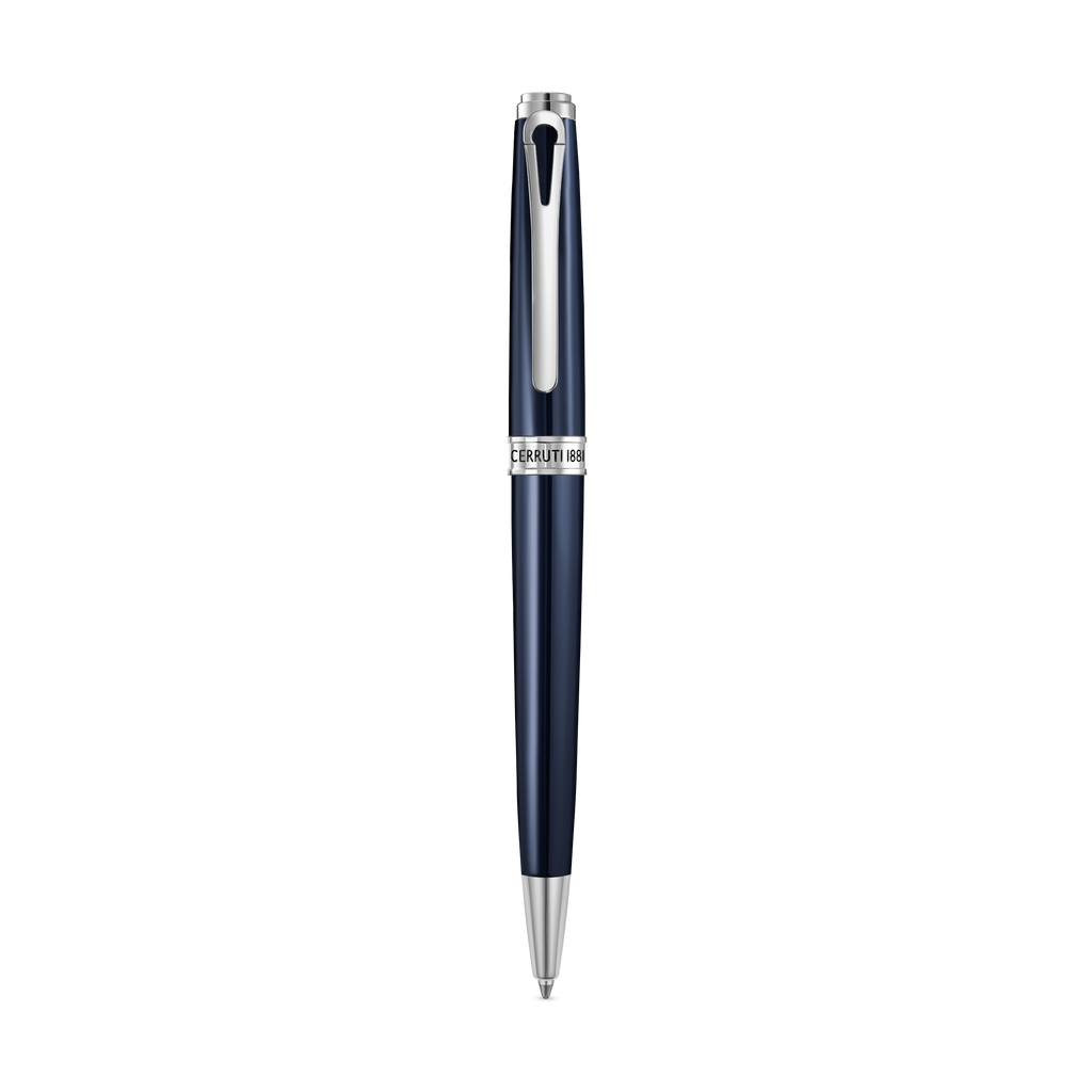 A dark blue Cerruti pen with a glossy finish, silver-toned clip, tip, and cap, and a white band featuring "CERRUTI 1881".