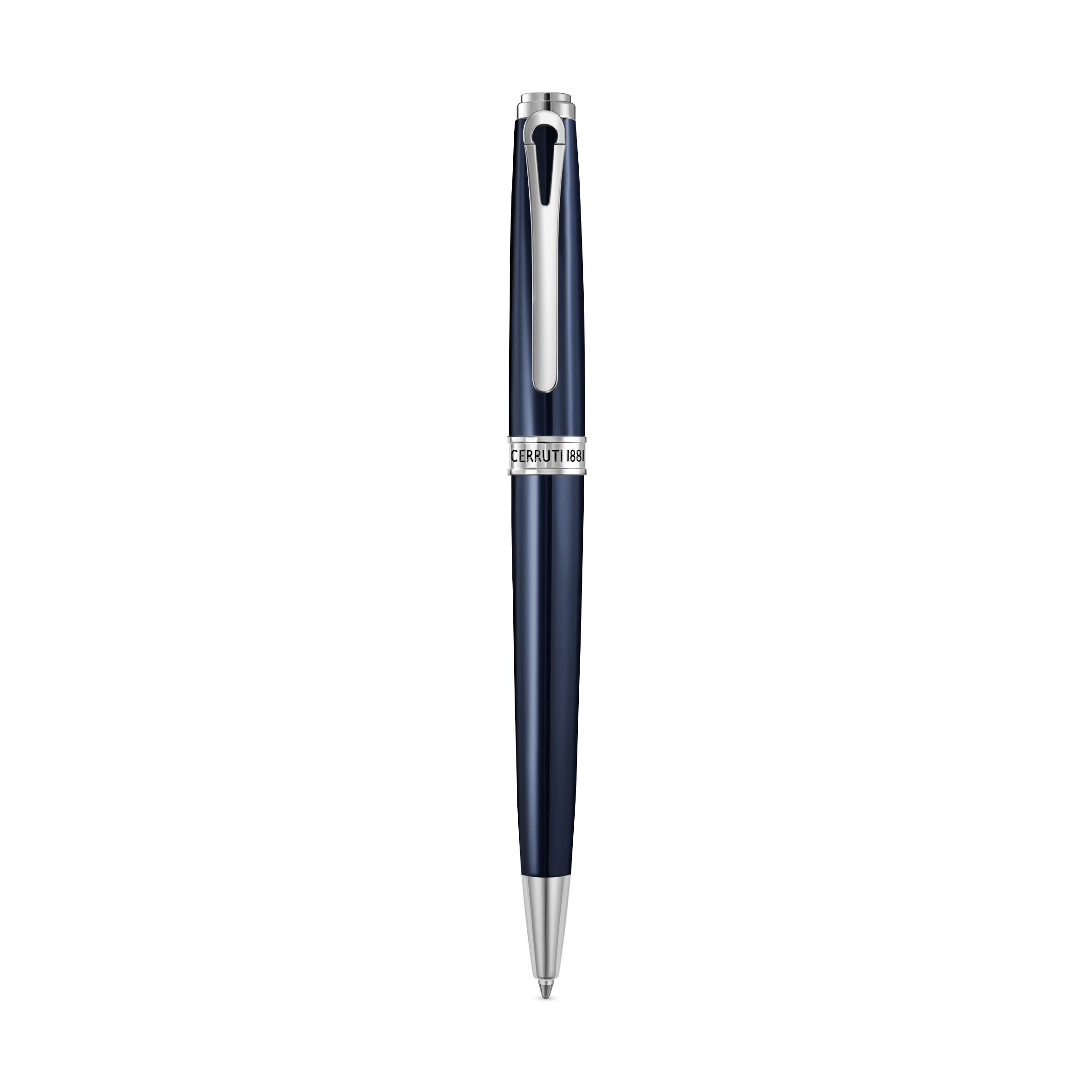 A dark blue Cerruti pen with a glossy finish, silver-toned clip, tip, and cap, and a white band featuring "CERRUTI 1881".
