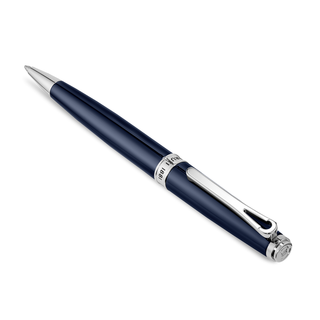Dark blue ballpoint pen with silver-toned tip, clip, and cap end. Features an engraved 'RUTI 1881' band.