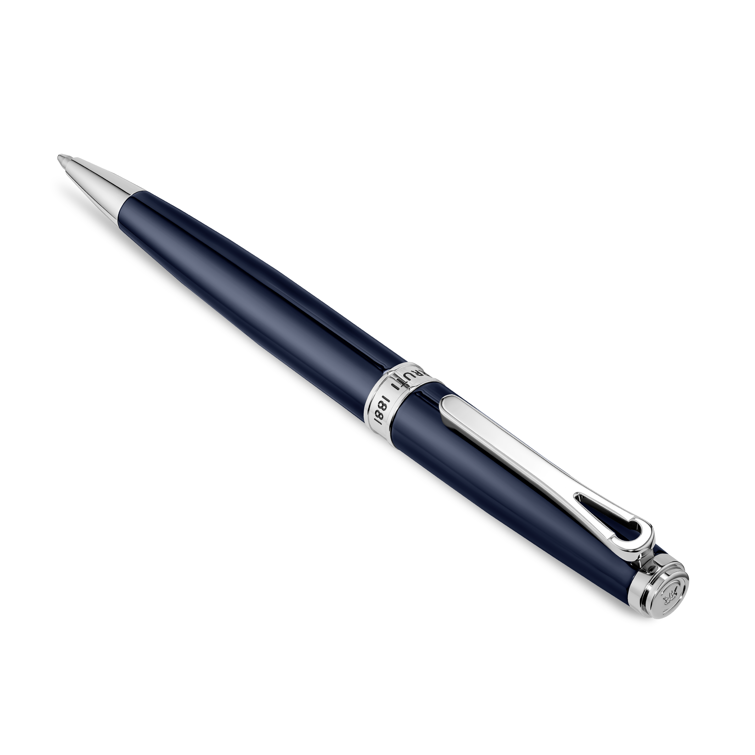 Dark blue ballpoint pen with silver-toned tip, clip, and cap end. Features an engraved 'RUTI 1881' band.
