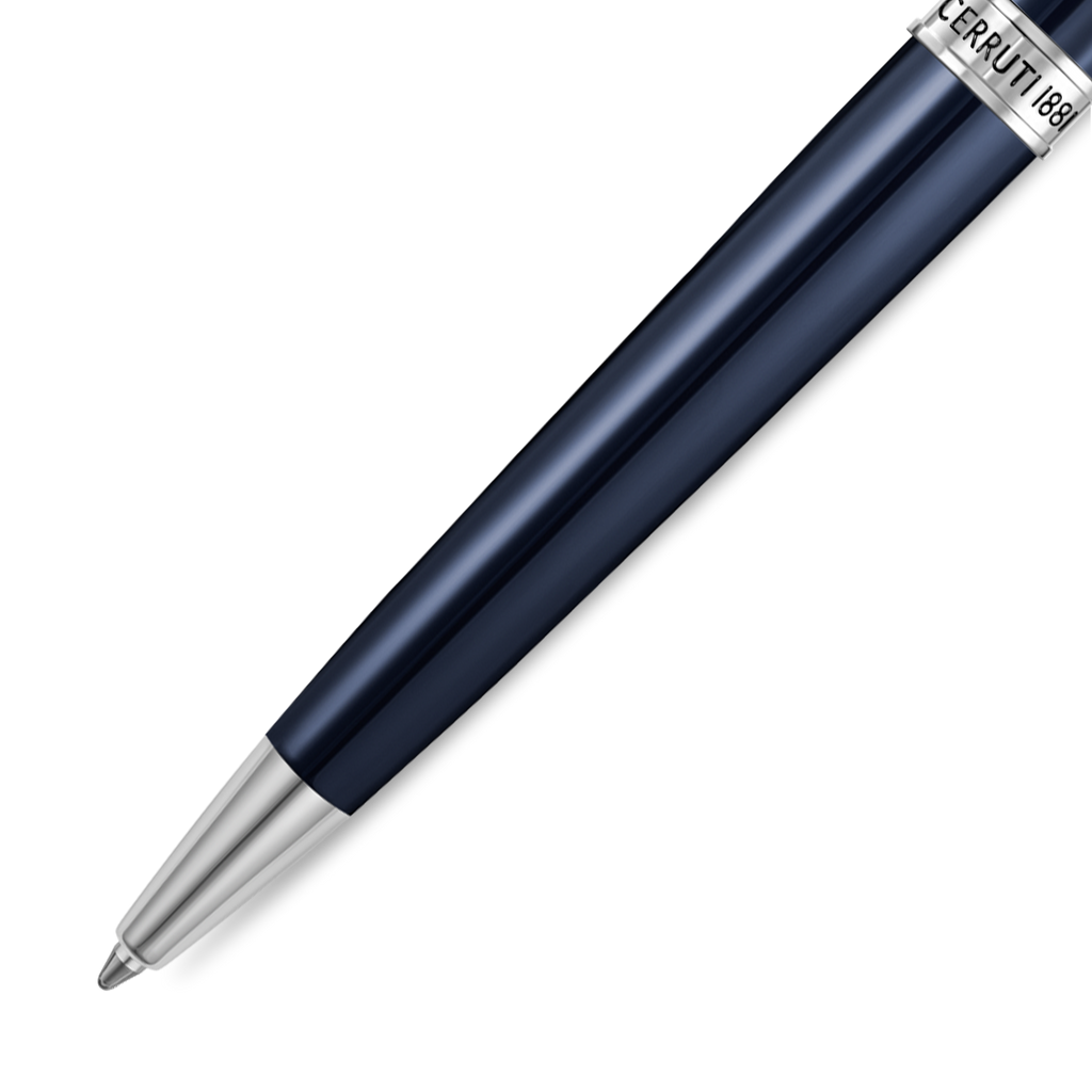 Glossy navy blue ballpoint pen with silver-toned tip and a silver-toned band engraved with 'CERRUTI 1881'.