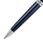 Glossy navy blue ballpoint pen with silver-toned tip and a silver-toned band engraved with 'CERRUTI 1881'.