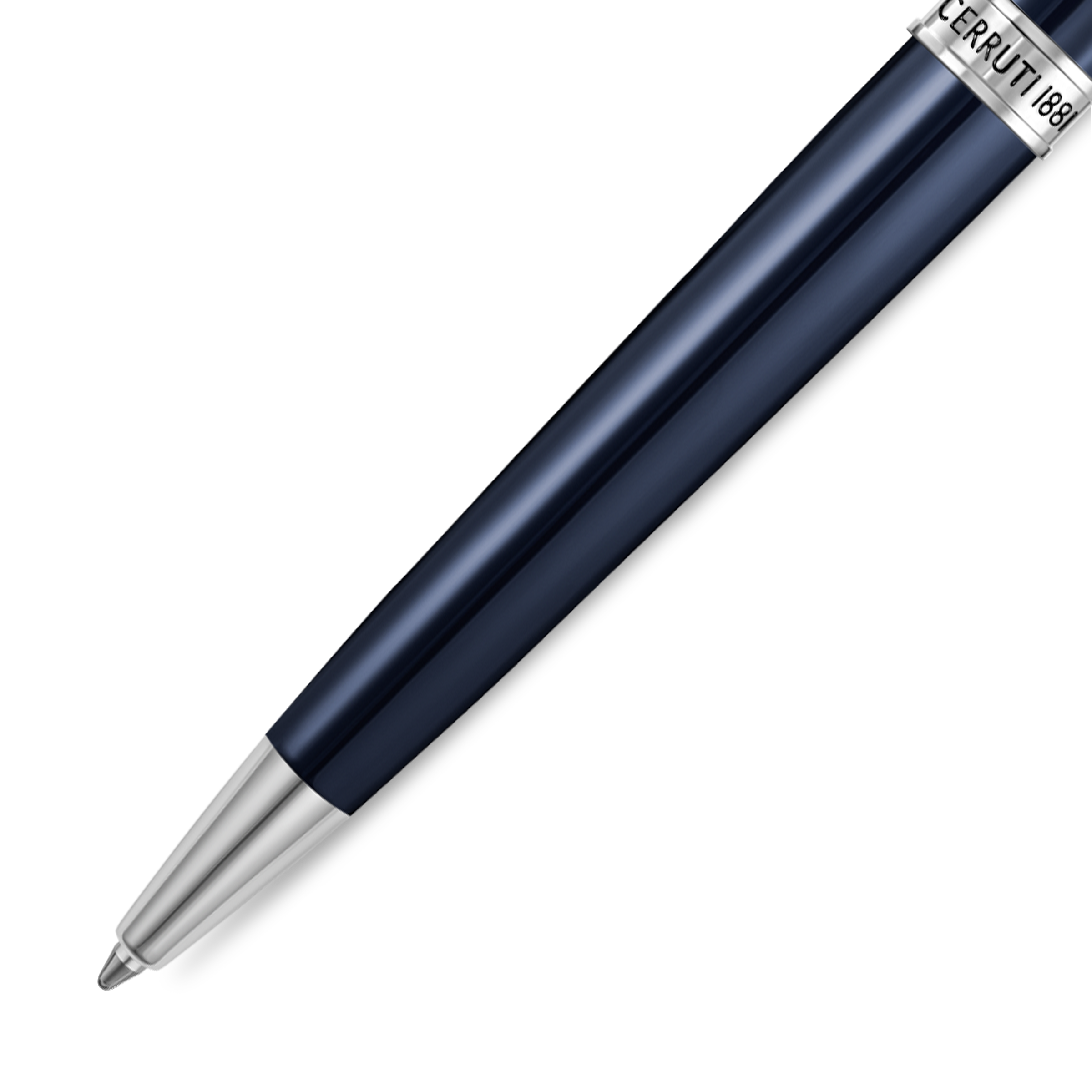 Glossy navy blue ballpoint pen with silver-toned tip and a silver-toned band engraved with 'CERRUTI 1881'.
