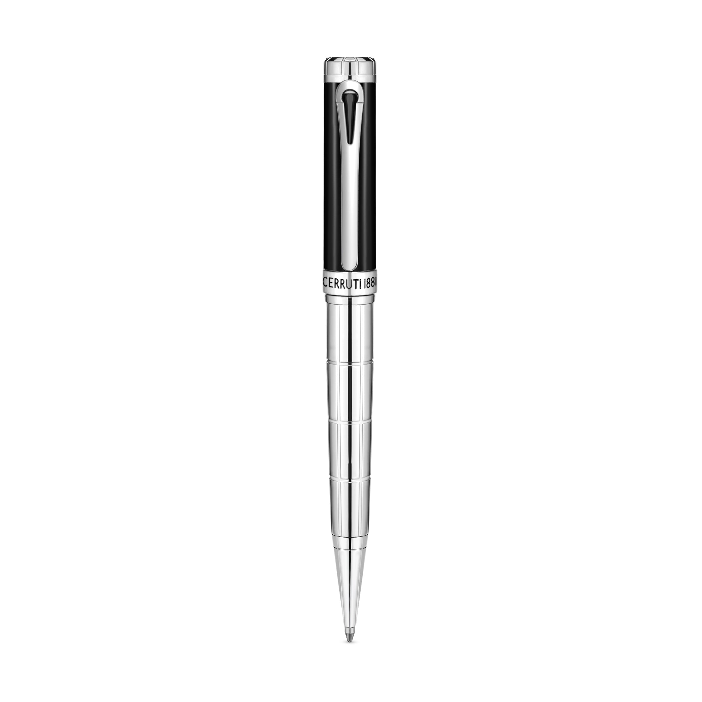 Cerruti Half and Half pen with a black lacquer cap and polished silver-toned stainless steel barrel with horizontal grooves.