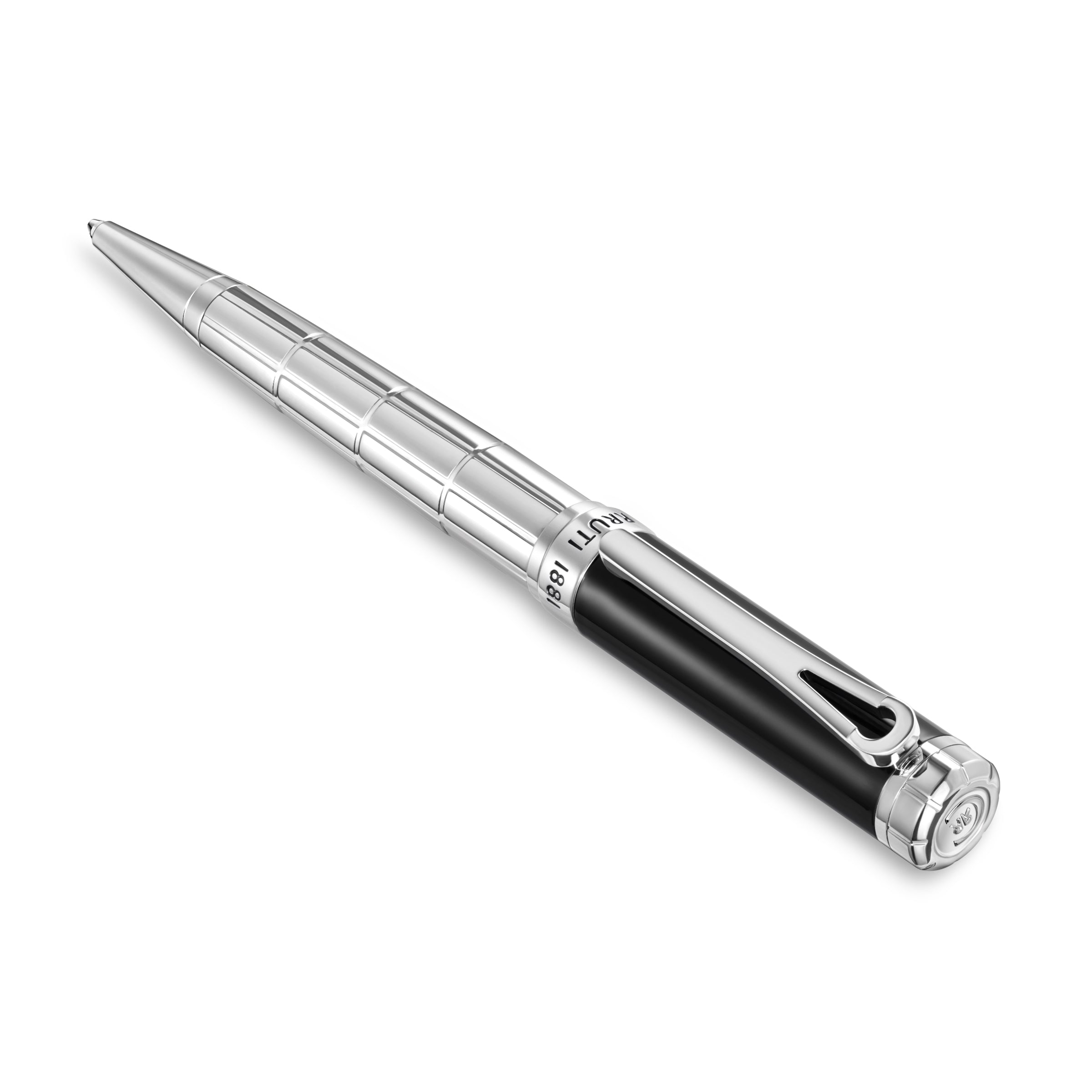 Black lacquer and silver-toned pen with a grooved upper barrel, a silver-toned clip, and 'CRUTI 1881' engraved band.