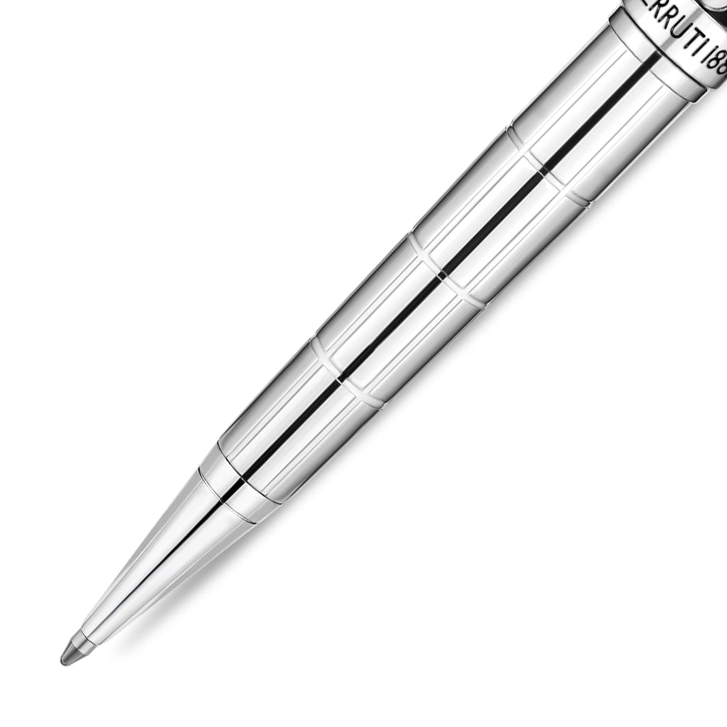 Glossy silver-toned pen with a grid-patterned barrel, central black stripe, and pointed tip. 'CERRUTI 1881' inscribed.