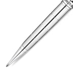 Glossy silver-toned pen with a grid-patterned barrel, central black stripe, and pointed tip. 'CERRUTI 1881' inscribed.