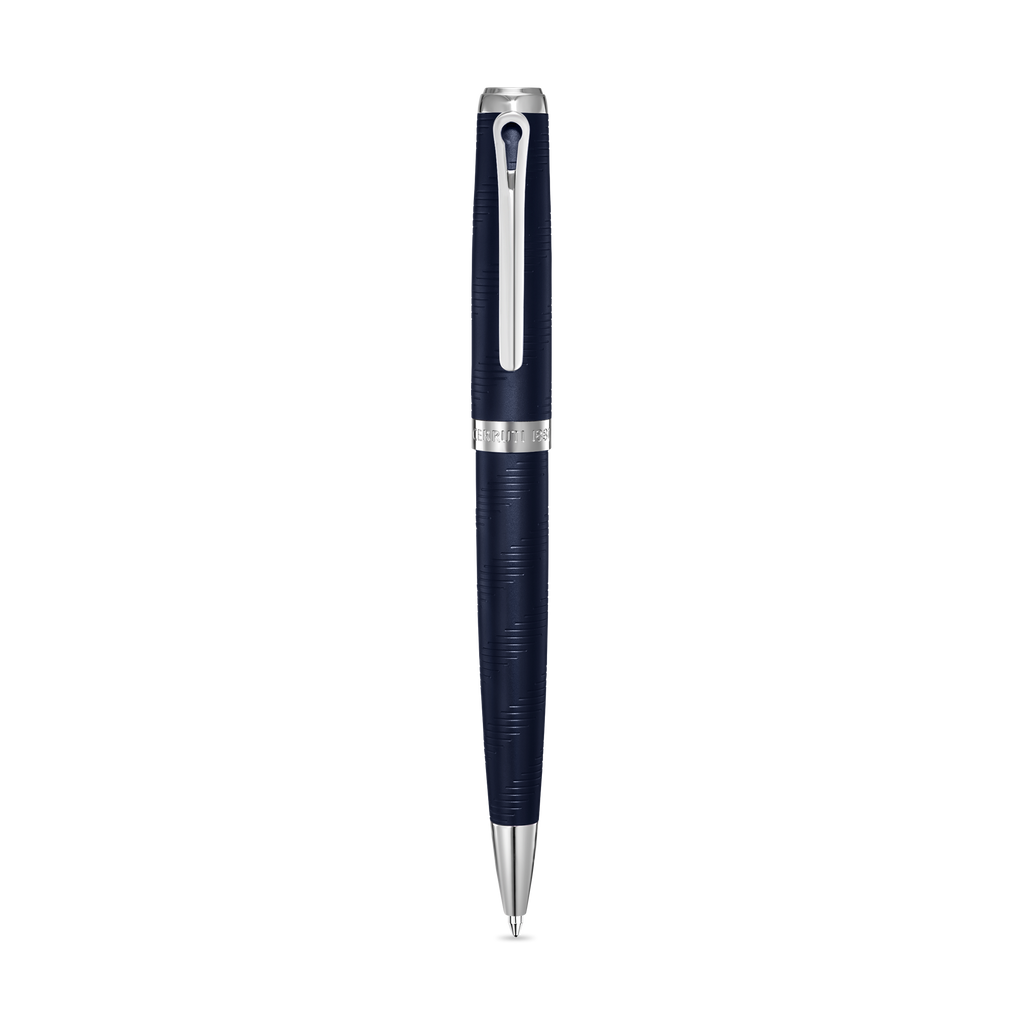 Dark blue textured ballpoint pen with silver-toned cap, clip, and tip, featuring "CERRUTI 1881" engraved on the cap band.