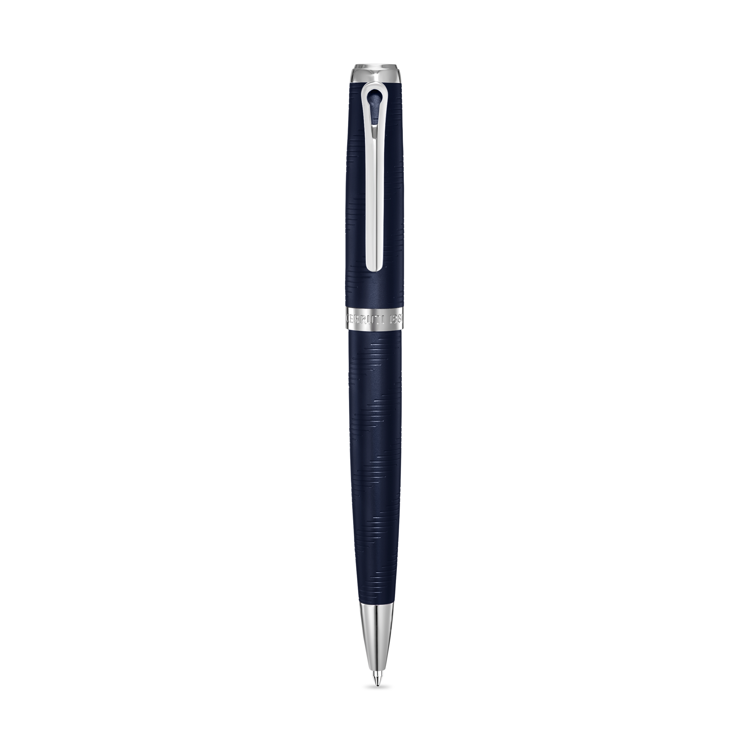 Dark blue textured ballpoint pen with silver-toned cap, clip, and tip, featuring "CERRUTI 1881" engraved on the cap band.