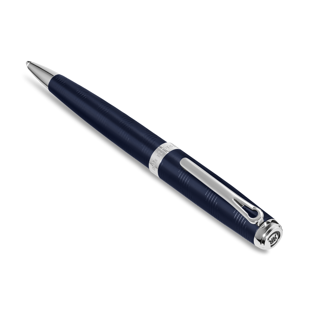 Dark blue pen with fine horizontal grooves, silver-toned tip, mid-band, clip, and cap end with a logo.