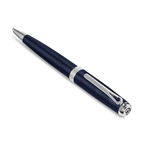 Dark blue pen with fine horizontal grooves, silver-toned tip, mid-band, clip, and cap end with a logo.