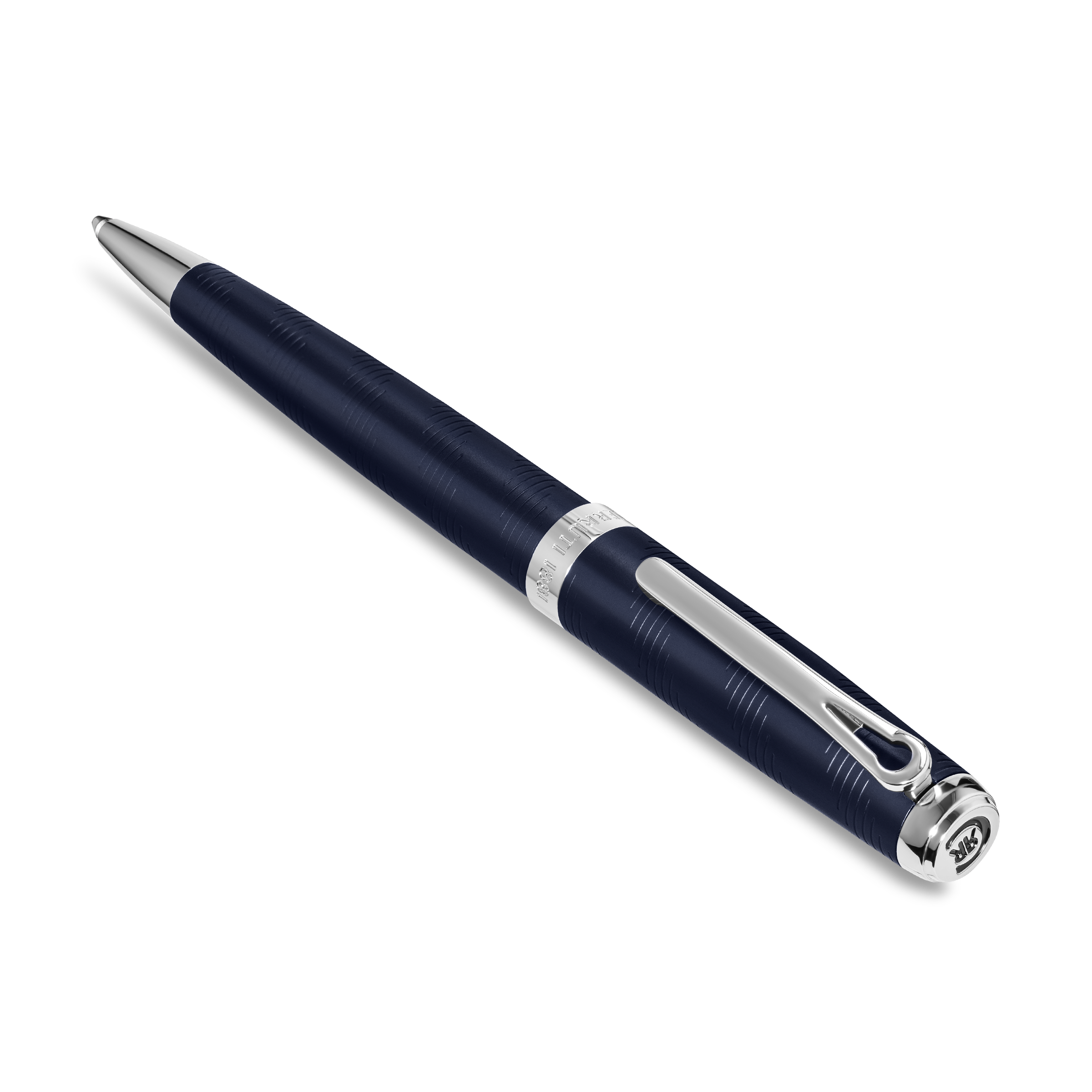 Dark blue pen with fine horizontal grooves, silver-toned tip, mid-band, clip, and cap end with a logo.