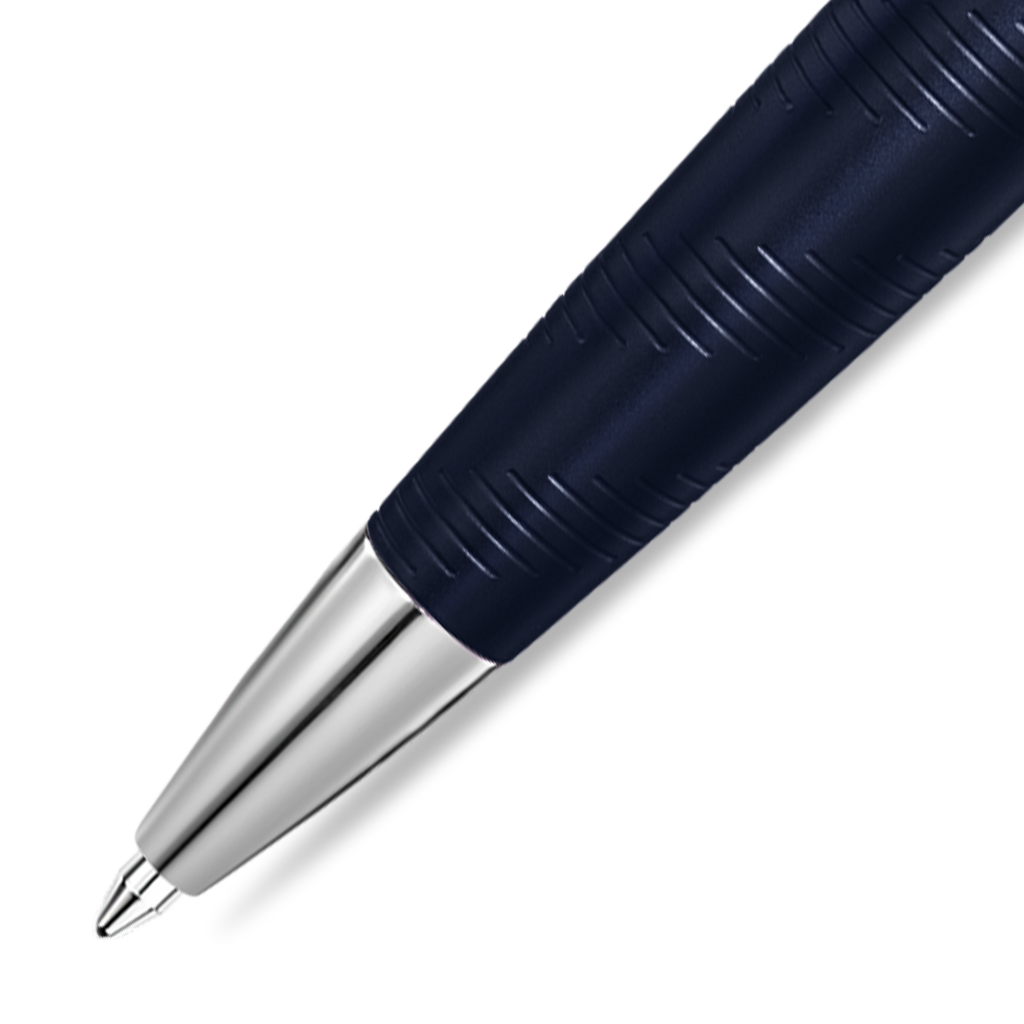 Dark blue pen with a textured body featuring diagonal lines and a silver-toned conical tip.