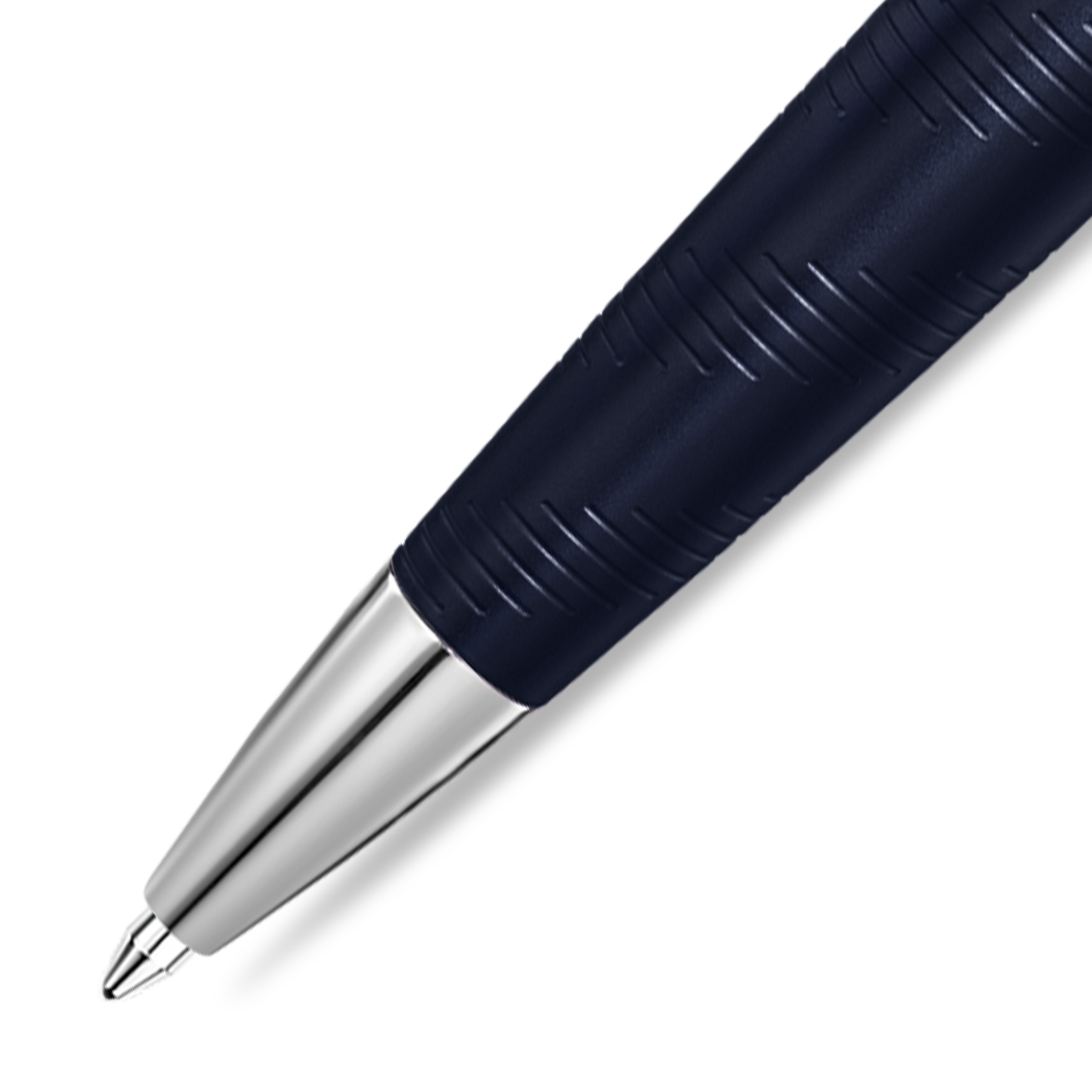 Dark blue pen with a textured body featuring diagonal lines and a silver-toned conical tip.