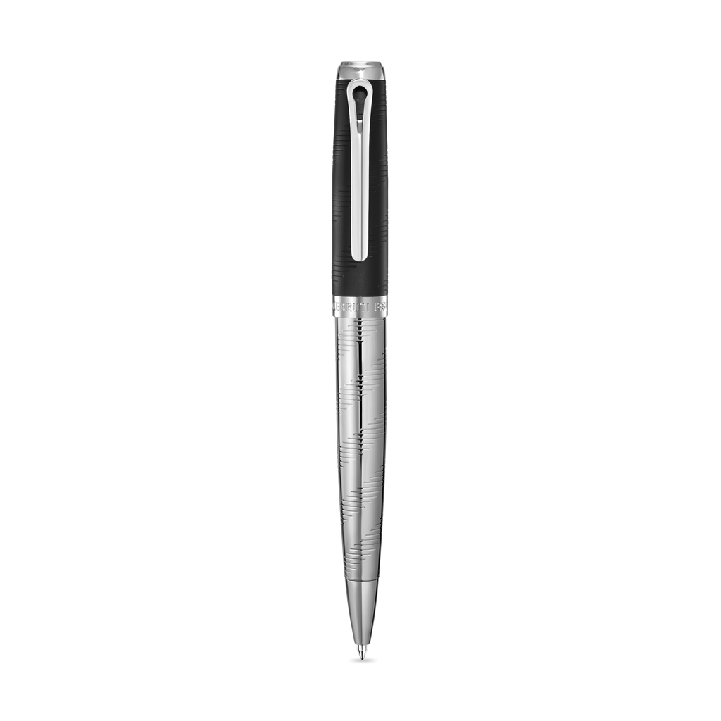 Black textured upper barrel and silver-toned engraved lower barrel ballpoint pen with a silver-toned clip.