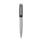 Black textured upper barrel and silver-toned engraved lower barrel ballpoint pen with a silver-toned clip.