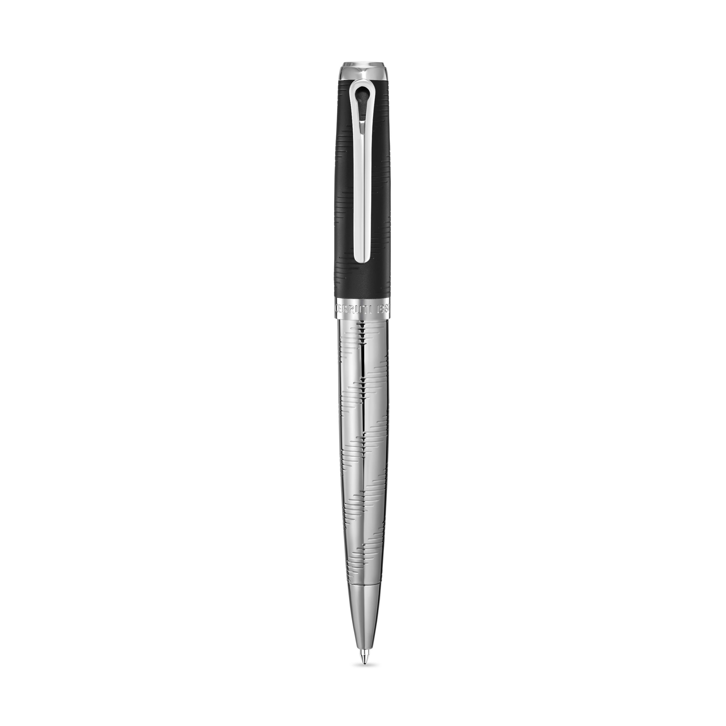 Black textured upper barrel and silver-toned engraved lower barrel ballpoint pen with a silver-toned clip.