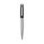 Black textured upper barrel and silver-toned engraved lower barrel ballpoint pen with a silver-toned clip.